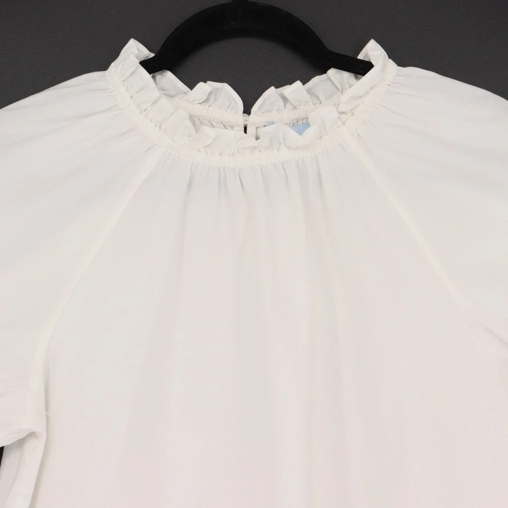Hill House Home White The Kit Top Size M Ruffle Neck Puff Blouse Cottagecore